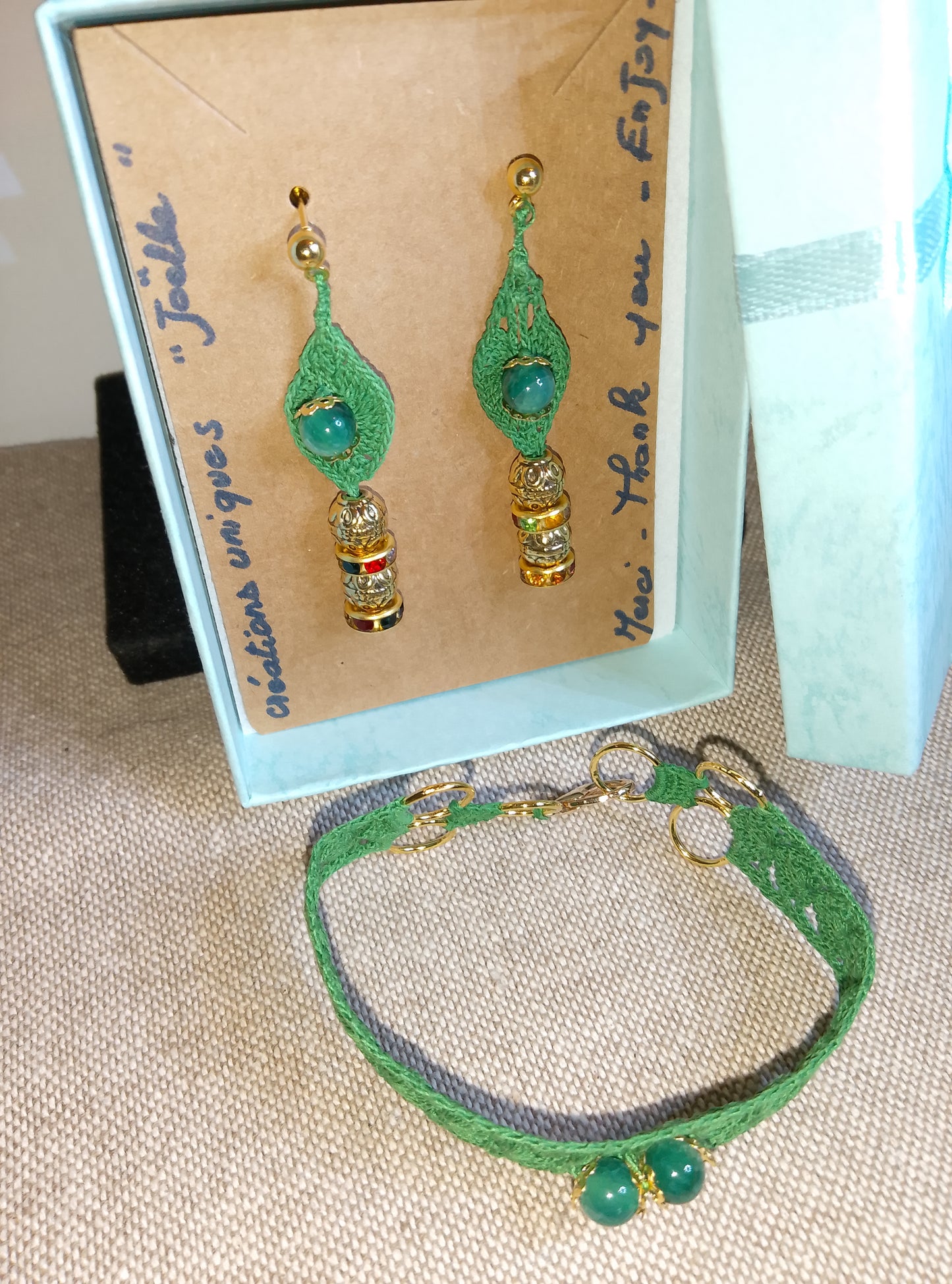 Ensemble vert Sophie - Bracelet et Boucles d'Oreilles Agate Verte Crochet Artisanal