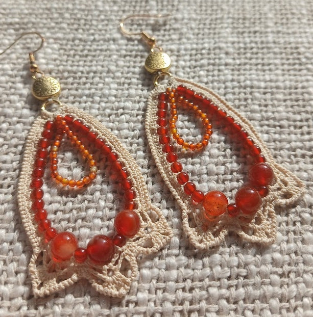 Boucles d'oreilles Zircon rouge, Cornaline & Agate rayée