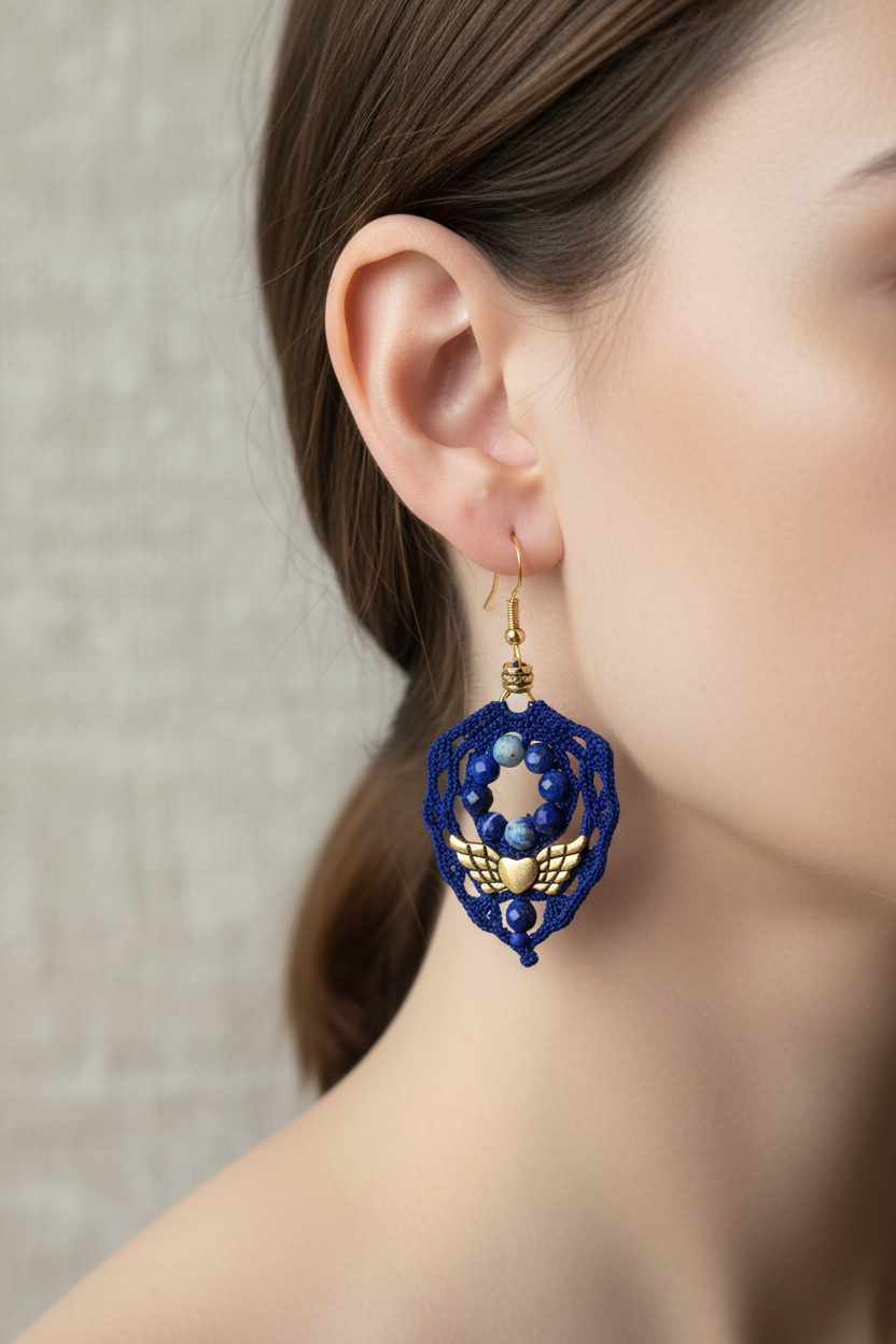 Boucles d'oreilles lapis-lazuli portées, coton bleu foncé et crochet argent plaqué or