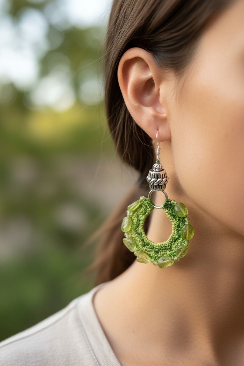 Photo portée – boucles crochet dégradé de vert péridot facetté et péridot brut irrégulier