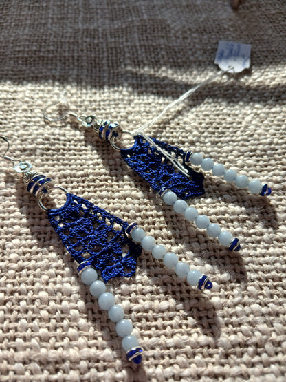 Boucles d'oreilles Crochet Bleu Marine – Perles d'Angélite Bleu Pâle & Strass