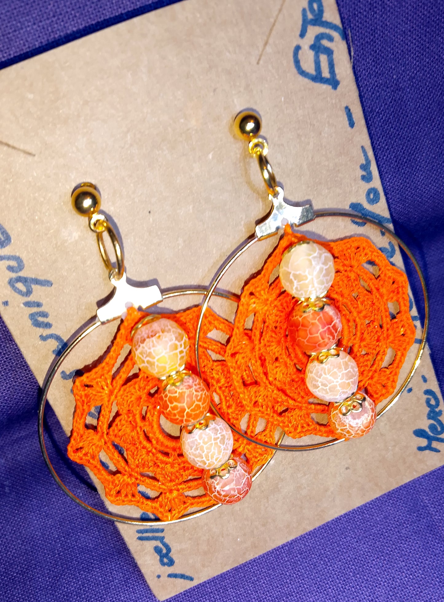 Boucles d'oreilles oranges perles agate veine du dragon crochet artisanal fait main France