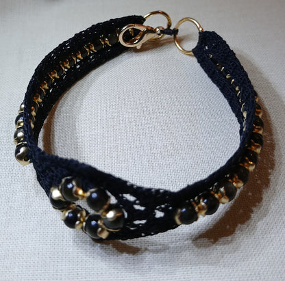 Bracelet noir perles d'Obsidienne dorée fait main France crochet artisanal