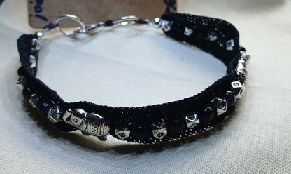 Bracelet noir œil de faucon et éléphants argent