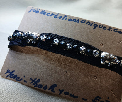 Bracelet noir œil de faucon et éléphants argent