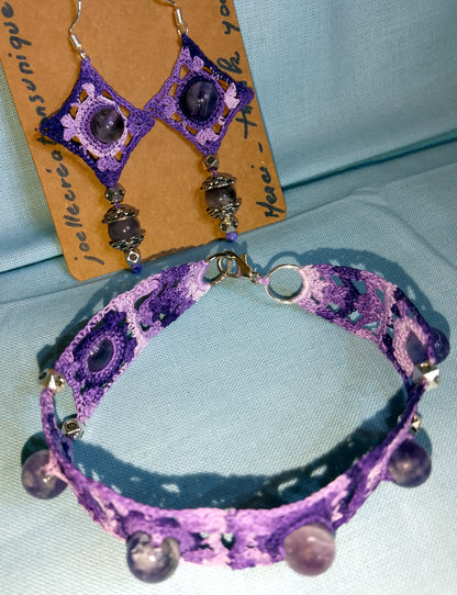 Esemble Sandra fait main en France perles d'améthyste violet crochet artsanal bohème luxe