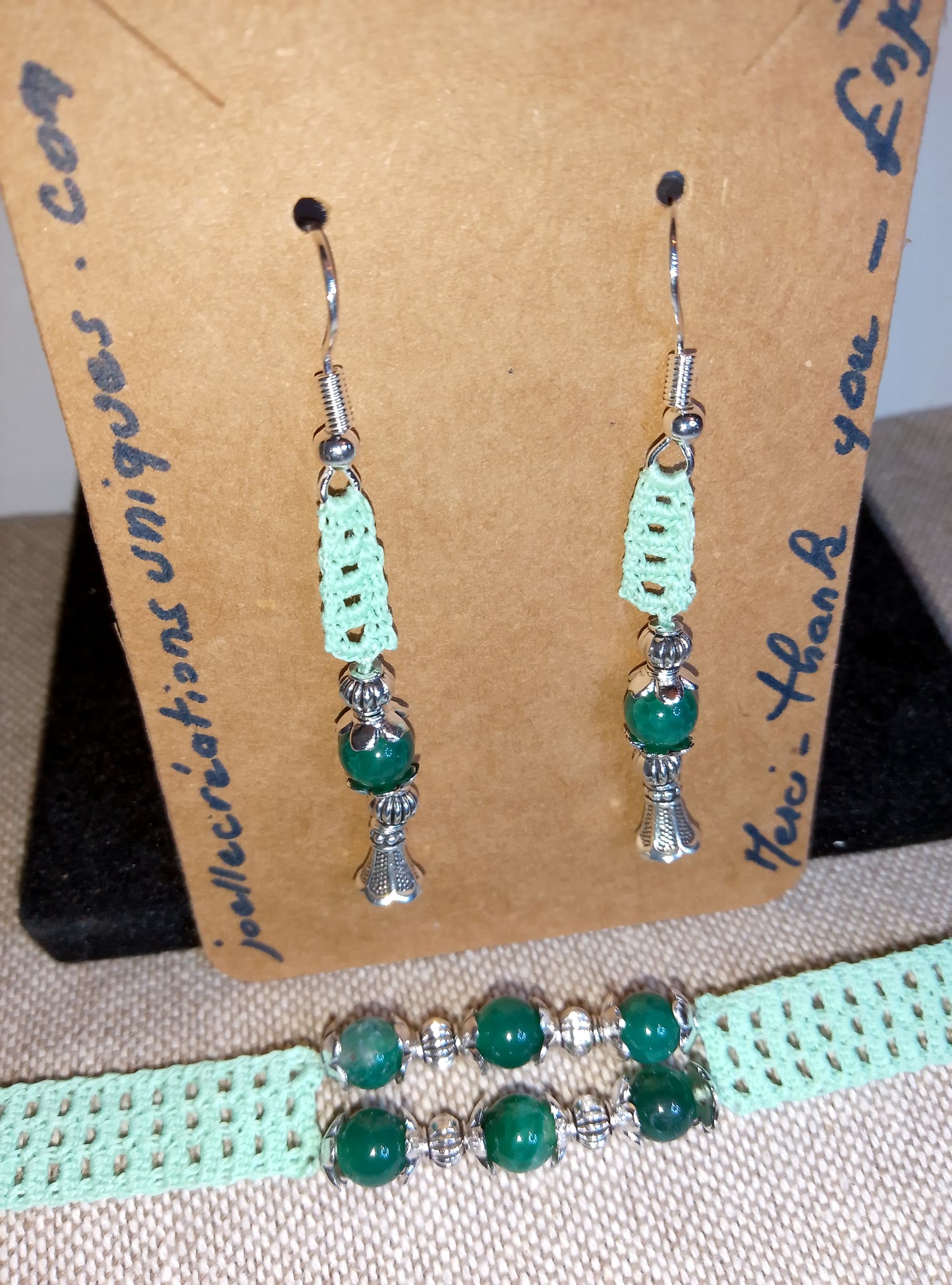 Ensemble Adeline - Bracelet et Boucles d'Oreilles Agate Verte Crochet Artisanal