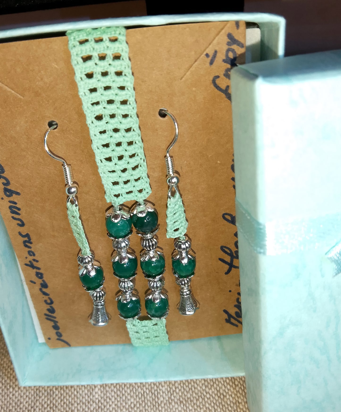 Ensemble Adeline - Bracelet et Boucles d'Oreilles Agate Verte Crochet Artisanal