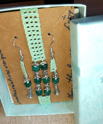 Ensemble Adeline - Bracelet et Boucles d'Oreilles Agate Verte Crochet Artisanal