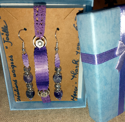 Ensemble bracelet et boucles d'oreilles violet perles d'amethyste fait main en France crochet artisanal