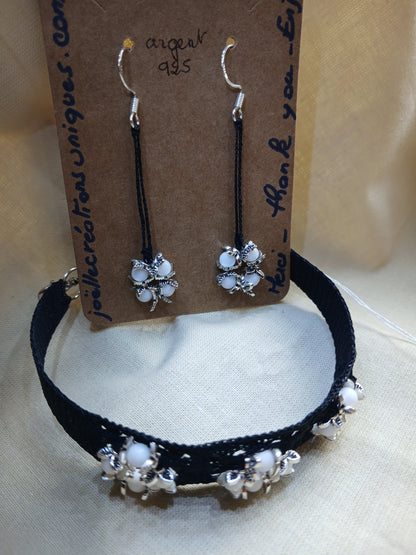 Ensemble Domino – Bracelet & Boucles d'oreilles Noir Perles d'Agate Blanche