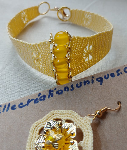 Ensemble Marie bracelet et boucles d'oreilles Jaune Pâle perles agates jaunes fit main France crochet artisanal