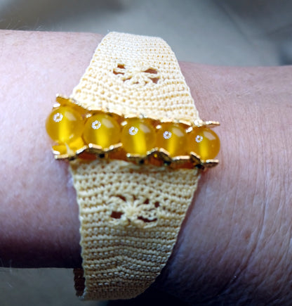 Ensemble Marie bracelet et boucles d'oreilles Jaune Pâle perles agates jaunes fit main France crochet artisanal