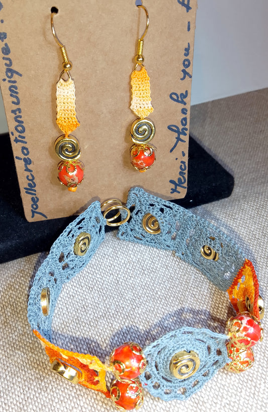 Ensemble bracelet et boucles d'oreilles faits main crochet artisanal fait en France