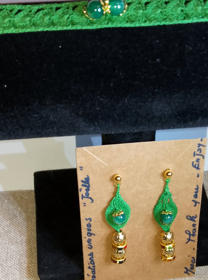 Ensemble Sophie - Bracelet et Boucles d'Oreilles Agate Verte Crochet Artisanal