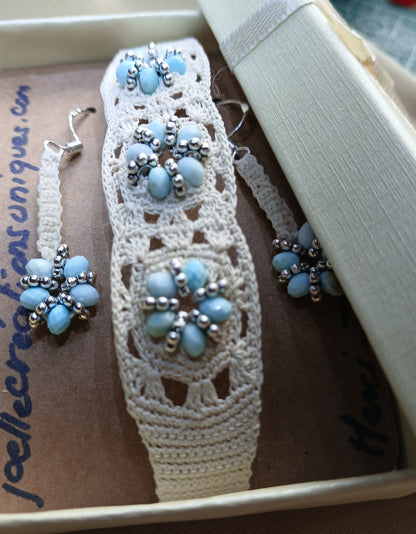 Ensemble Sylvianne beige - Bracelet et boucles d'oreilles turquoise