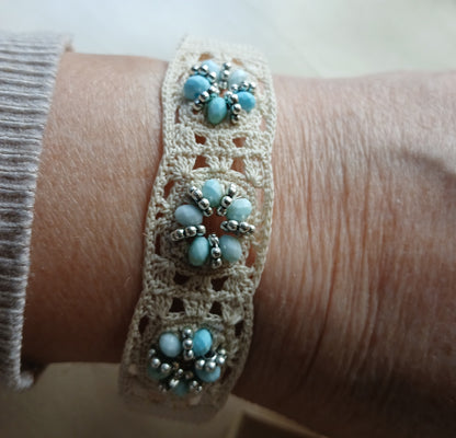 Ensemble Sylvianne beige - Bracelet et boucles d'oreilles turquoise