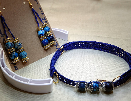 Ensemble double bracelet ou tour de cou bleuperles de jaspe bleu impérial fait main France crochet artisanal