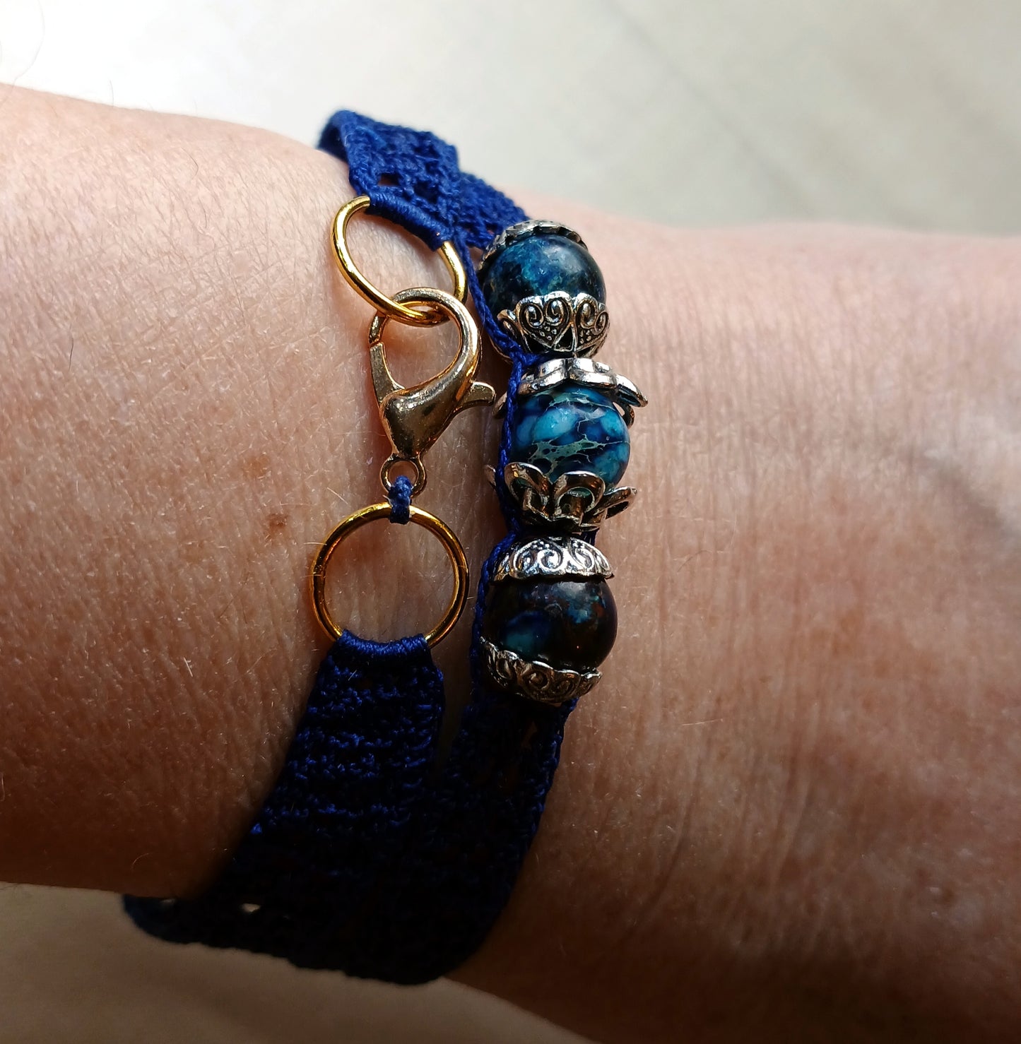 Ensemble double bracelet ou tour de cou bleuperles de jaspe bleu impérial fait main France crochet artisanal