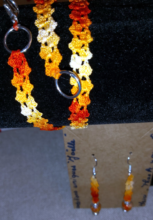 Ensemble double bracelet ou tour de cou orange fait main en France crochet artisanal perles de jaspe orange