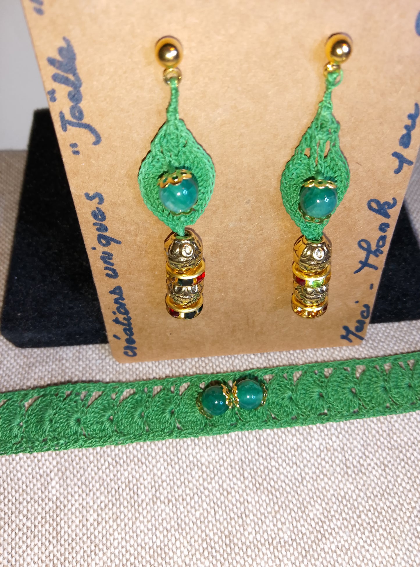 Ensemble Sophie - Bracelet et Boucles d'Oreilles Agate Verte Crochet Artisanal