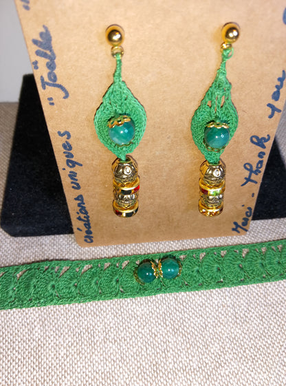 Ensemble Sophie - Bracelet et Boucles d'Oreilles Agate Verte Crochet Artisanal