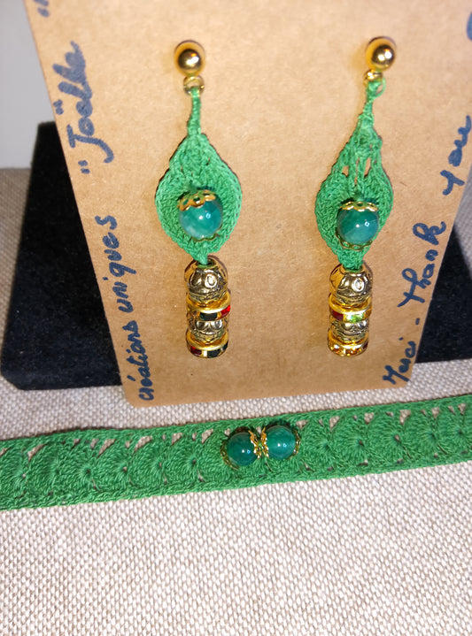 Ensemble Sophie - Bracelet et Boucles d'Oreilles Agate Verte Crochet Artisanal