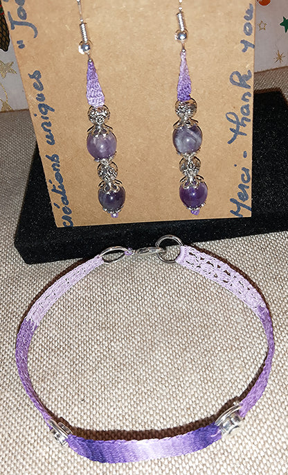 Ensemble bracelet et boucles d'oreilles violet perles d'améthyste faits main en France crochet artisanal