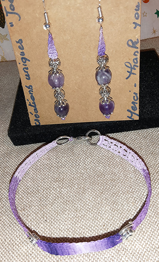 Ensemble bracelet et boucles d'oreilles violet perles d'améthyste faits main en France crochet artisanal