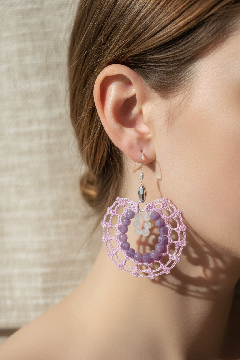 Boucles crochet lilas portées à l'oreille