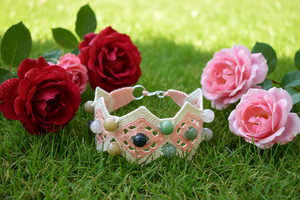 Bracelet Corine beige clair et rose perles de jade vert gazon - jardin avec roses