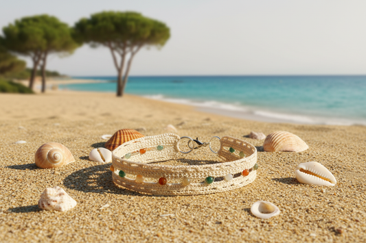 Bracelet Eva beige perles agates indiennes - plage océan avec pins parasols et coquillages