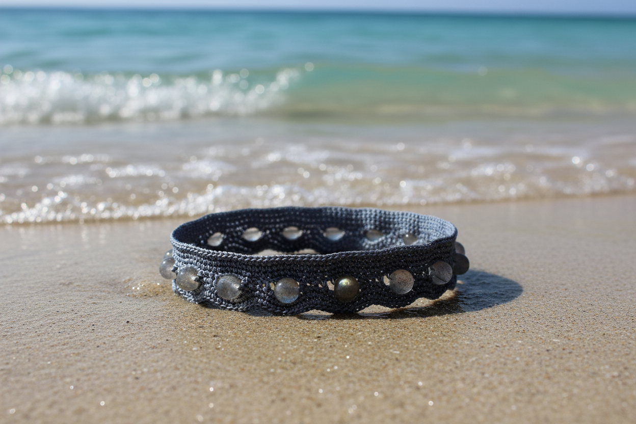 Bracelet gris perles de labradorite - fond océan