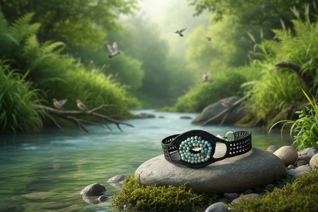 Bracelet Nancy noir perles de turquoises africaines - bord de rivière avec oiseaux