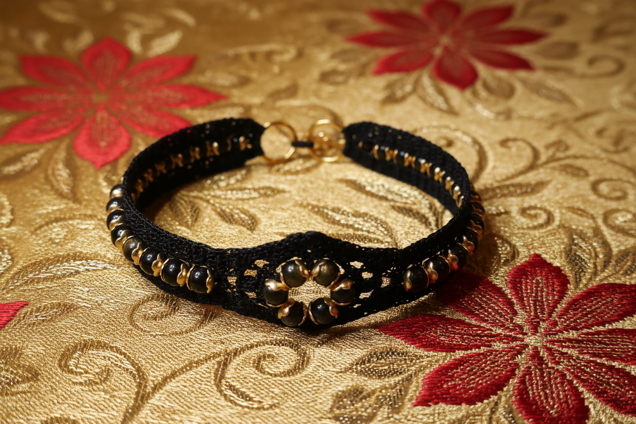 Bracelet noir perles d'obsidienne dorée avec fermoir homard - fond doré avec fleurs rouges