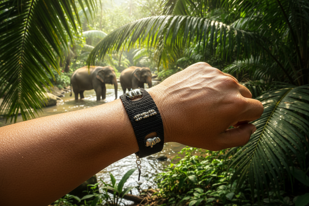 Bracelet noir Serge éléphants avec perles - porté dans la jungle