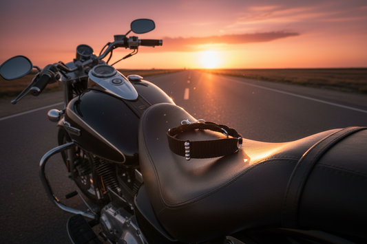 Bracelet noir tressé - posé sur siège de moto au coucher du soleil