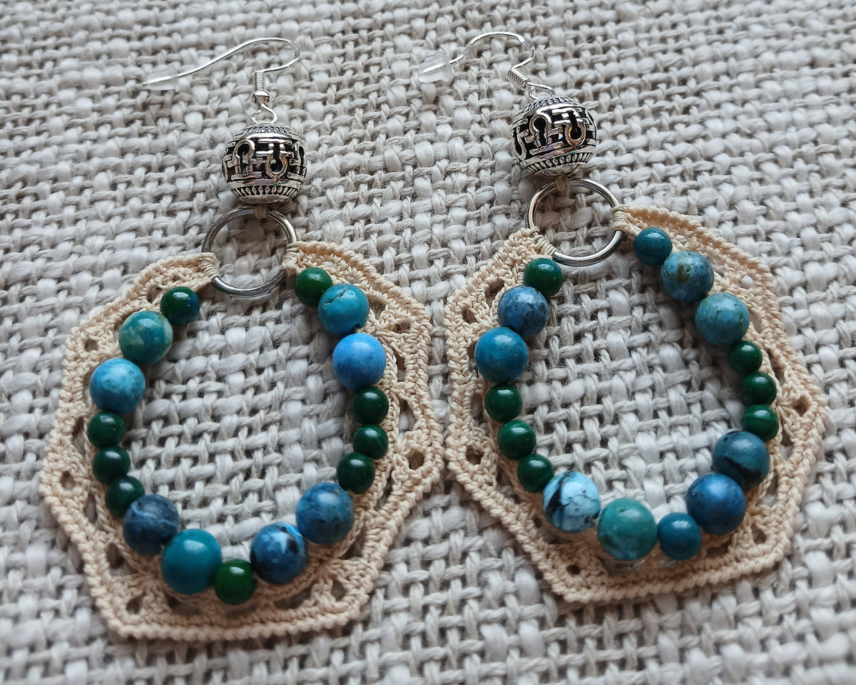 Boucles d'oreilles Opale bleu-vert, Malachite & Azurite · Coton beige