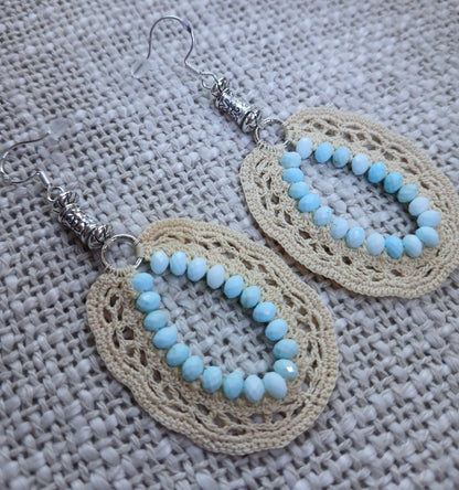 Boucles d'oreilles Créoles Coton Beige – Turquoises Américaines & Argent 925