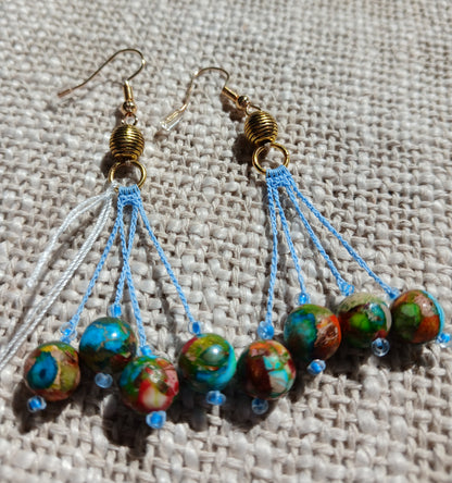 Boucles d'oreilles crochet coton bleu ciel — Jaspe Sea Sediment — 4 perles — Doré