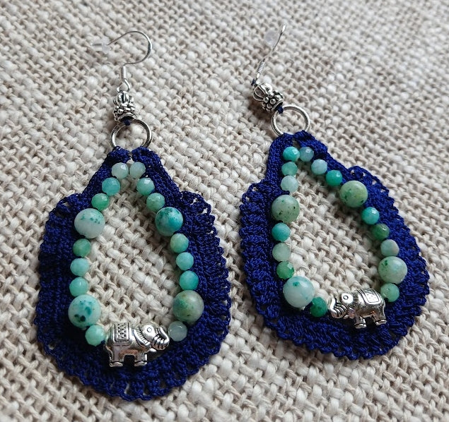 Boucles d'oreilles Jaspe Kiwi & Émeraude – Crochet coton bleu