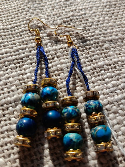 Boucles d'oreilles coton bleu marine — Jaspe impérial & Strass dorés