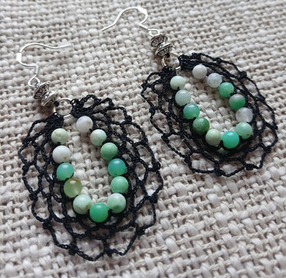 Boucles d'oreilles crochet coton noir – Perles de chrysoprase & Argent 925