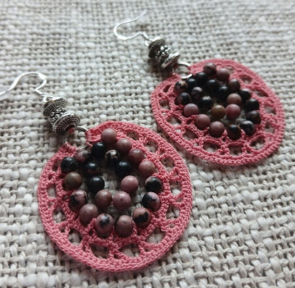 Boucles d'oreilles crochet coton rose soutenu – Perles de rhodonite & Argent 925