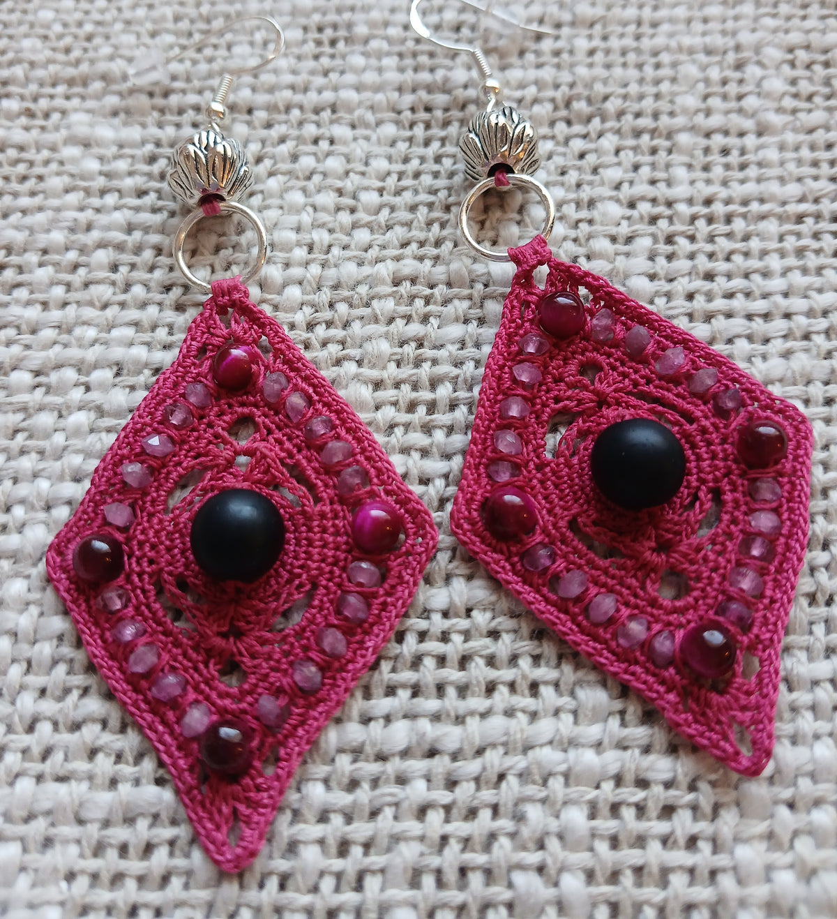 Boucles d'oreilles  Onyx, Œil de Tigre Rouge & Tourmaline Rose