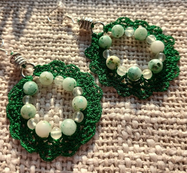 Boucles d'oreilles crochet coton vert foncé – Jaspe kiwi & Préhnite & Argent 925