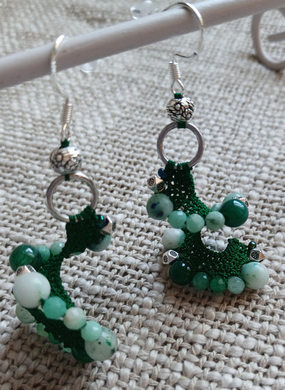 Boucles d'oreilles Jaspe kiwi, Agate veine de dragon & Émeraude