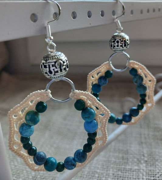 Boucles d'oreilles Opale bleu-vert, Malachite & Azurite · Coton beige