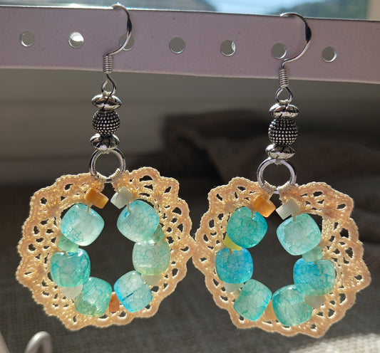 Boucles d'oreilles crochet coton beige – Agate veine de dragon & Heishi