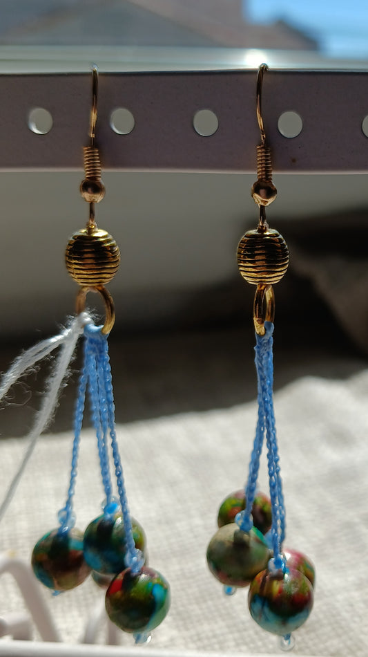 Boucles d'oreilles crochet coton bleu ciel — Jaspe Sea Sediment — 4 perles — Doré